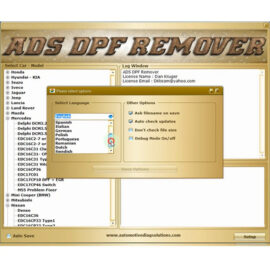 ADS DPF Remover software interface and language settings